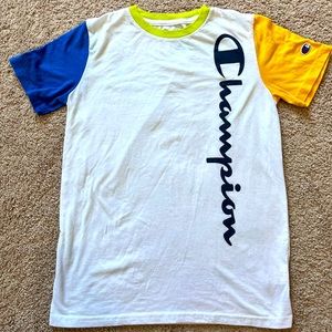 Champion athleticwear white tshirt blue yellow short sleeve size large
